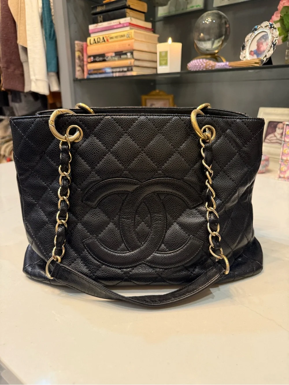 CHANEL Black Quilted Caviar Leather Shoulder Bag with Gold Chain Straps